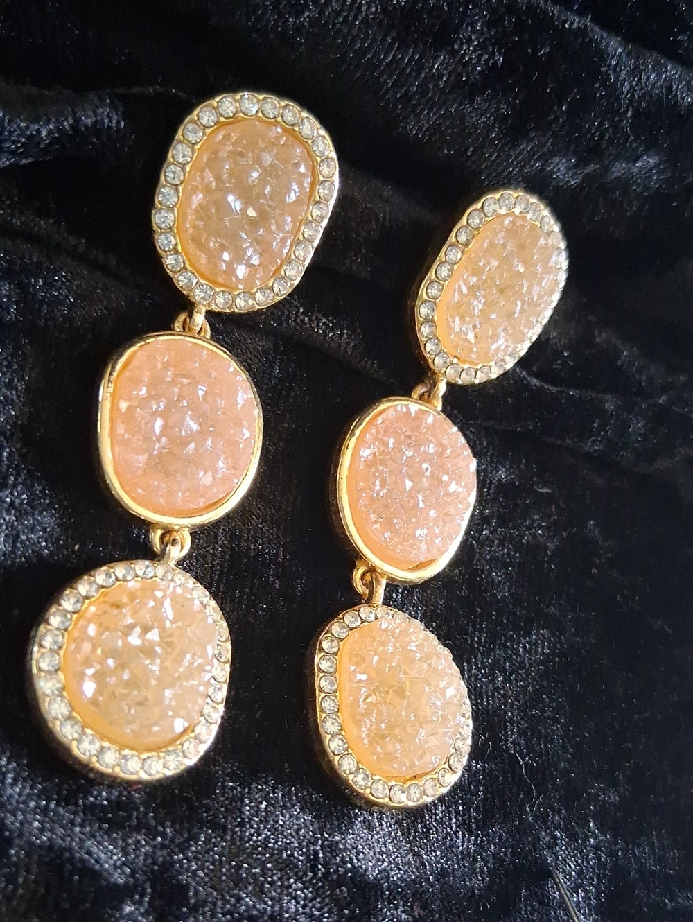 Sugarfix Gold-Tone Peach Druzy Triple Drop Earrings with Crystal Accent 2.5 In L